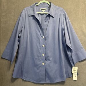 NWT Foxcroft Heritage Non-Iron Button Up Top Blouse Plus Size 22W Blue Shaped